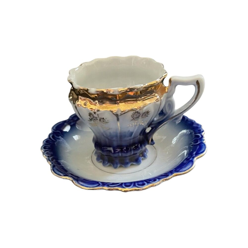 Vintage/Antique German Cobalt Flow Blue/Gold Demitasse Mini Teacup & Saucer
